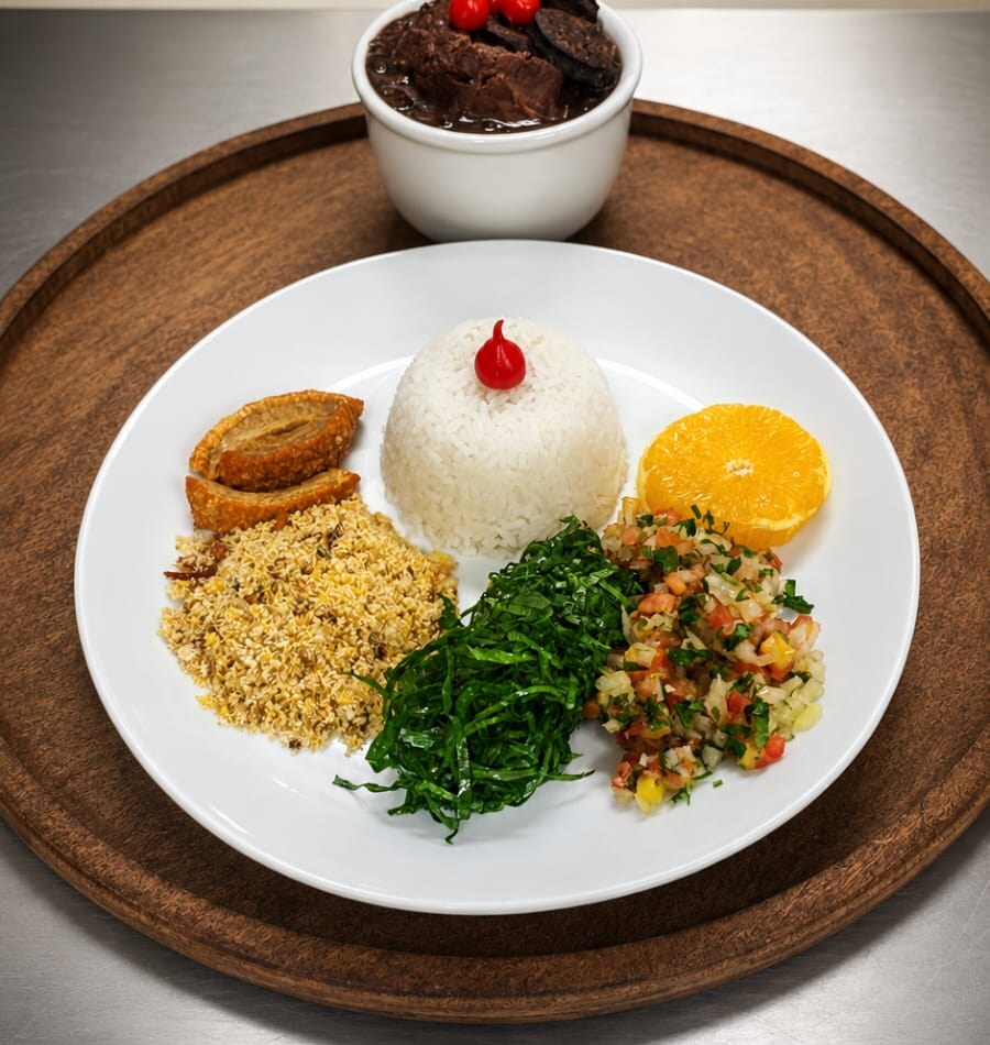 Prato executivo com arroz, couve, vinagrete e feijoada